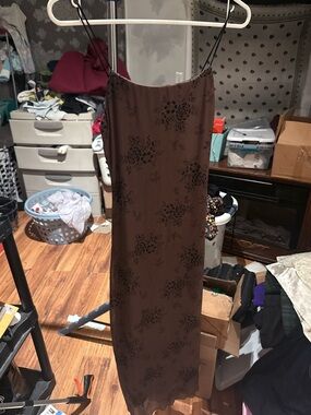 Brown Floral Slip Dress with Black Rose Print